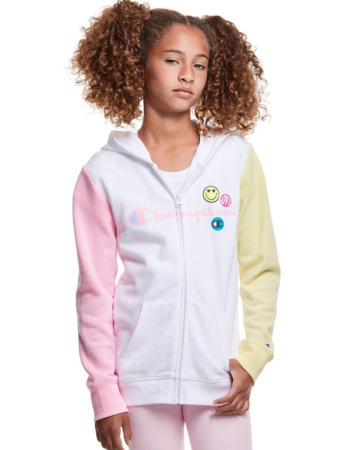 Champion Colorblock Fleece Full Zip Smiley Face Kiz Çocuk Kapşonlu Sweatshirt Beyaz/Pembe/Sarı ( KHC